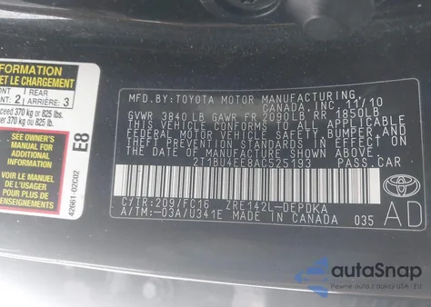 2010 Toyota Corolla Le z USA, uszkodzony, nr VIN 2T1BU4EE8AC525193